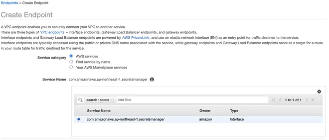 Tạo VPC endpoint cho secret manager