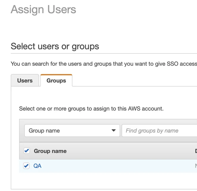 chọn group trong aws sso