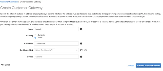 Tạo Customer Gateway trong AWS