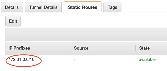 static route của virtual private gateway