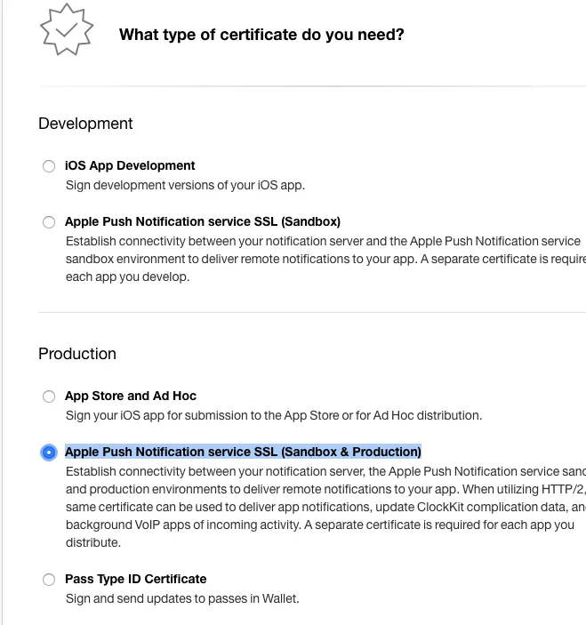 chọn loại iOS certificate