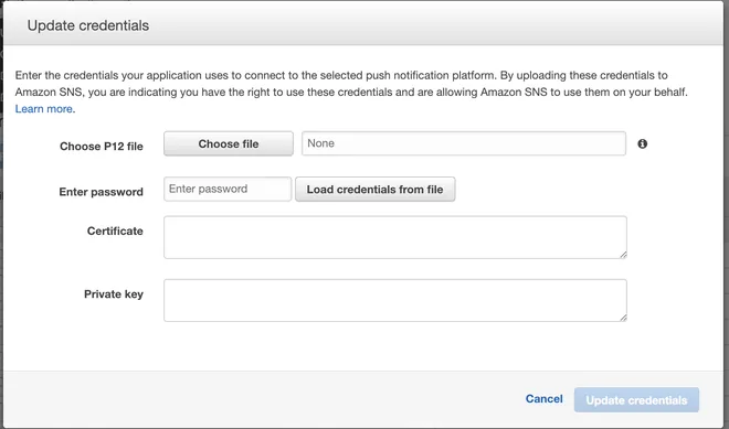 update credentials apns trên sns