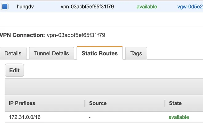 virtual private gateway Static Route