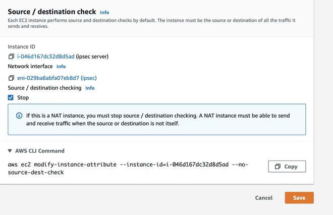 tắt Source / Destination Check của IPSec server